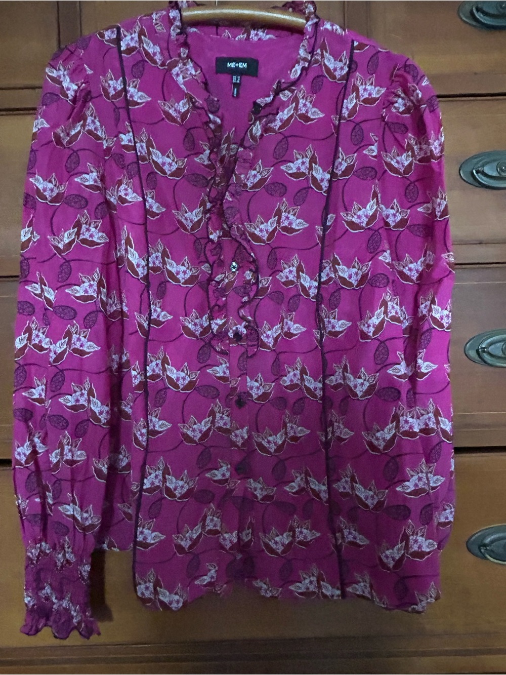 ME+EM Fuchsia Floral Ruffle V-Neck Blouse